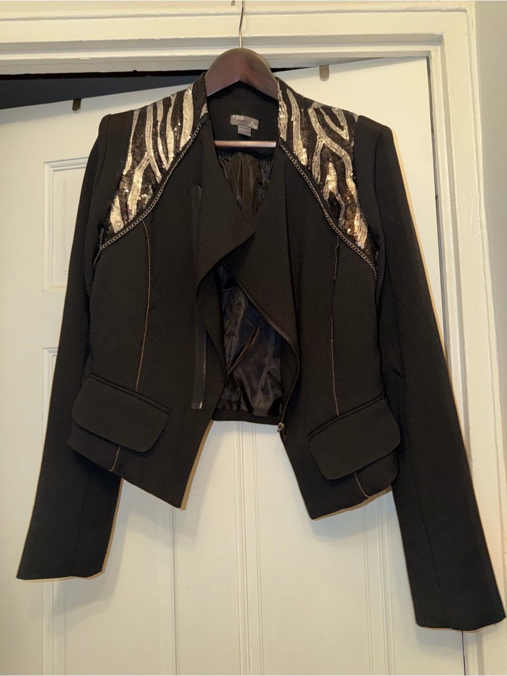 Poetry Black Cropped Jacket with Silver Sequin Shoulders